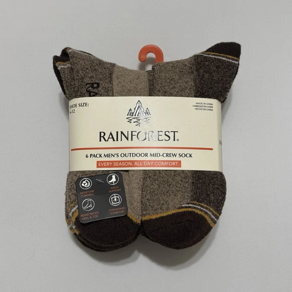 Rainforest 6-Pair Men's Outdoor‎ Mid Crew Socks Shoe Size 6-12 Size 10-13 Tan